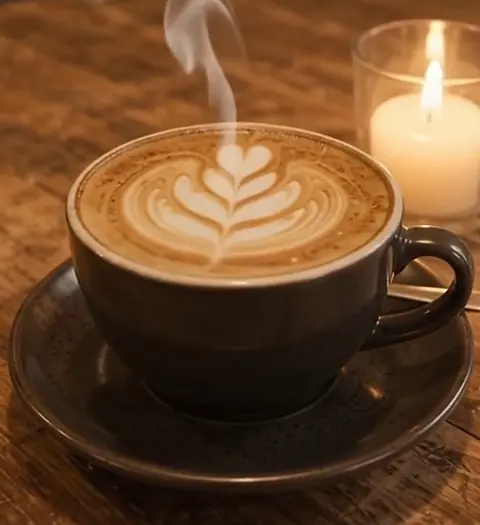 Latte art'lı cappuccino, yanında mum