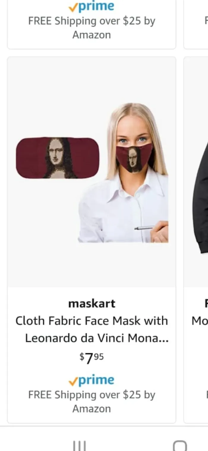 Amazon ürün sayfası: sanat eserli maske, 7,95 dolar